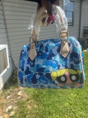 Cartoon Camo Mini Satchel in Blue with Yellow Accent